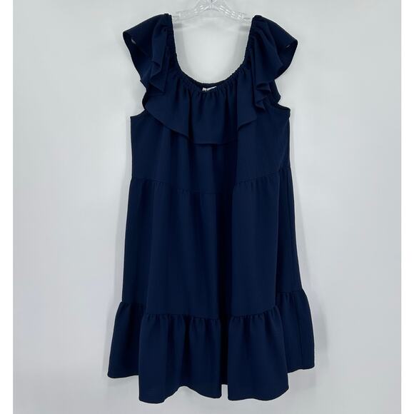 Sandra Darren Navy Tiered Ruffle Sleeveless Shift Dress Casual Plus Womens 1X - Picture 3 of 11